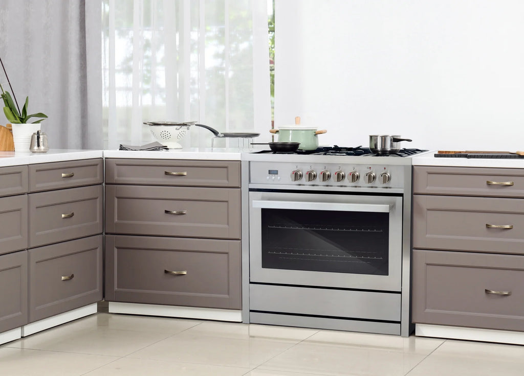 Cosmo 4 Piece Kitchen Appliance Package with 36" Freestanding Dual Fuel Range 36" Island Range Hood 24" Built-in Integrated Dishwasher & French Door Refrigerator Kitchen Appliance Bundles