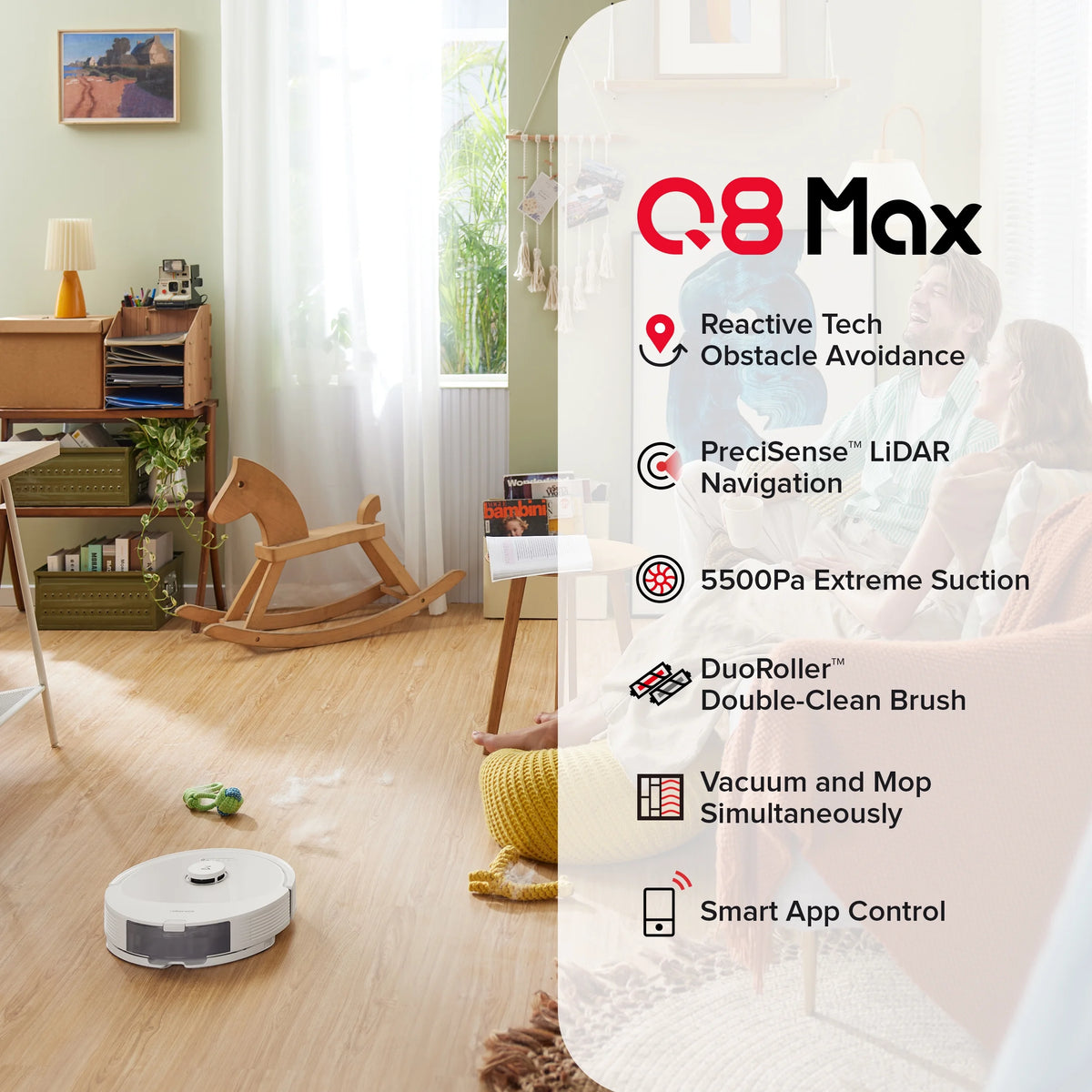 Roborock Q8 Max Robot Vacuum and Mop with Obstacle Avoidance, LiDAR Navigation, 5500Pa Suction Power, and App Control(White)
