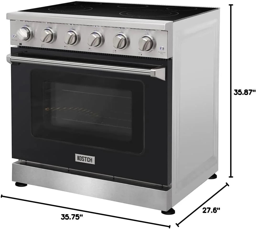 KOSTCH 36 inch Electric Range, 5-Burner Cooktop with 6.0 cu ft Convection Oven, Glass Top, in Stainless Steel