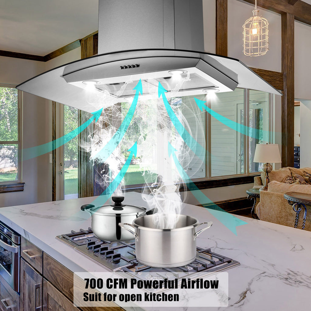 "Joeaonz 36"" Stainless Steel Island Mount Range Hood, Quiet 900CFM, 3-Speed Vent with Button Control and LED Bulb"