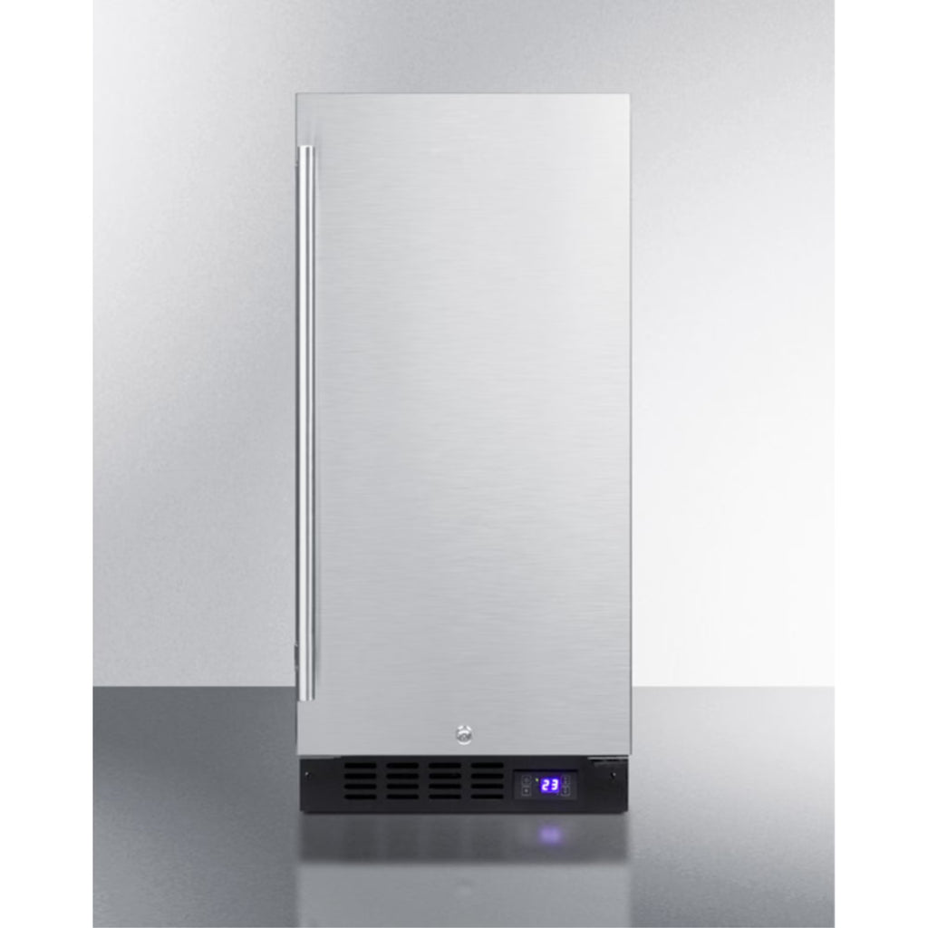 15" wide frost-free freezer for built-in or freestanding use, with stainless steel wrapped exterior, lock, and digital thermostat