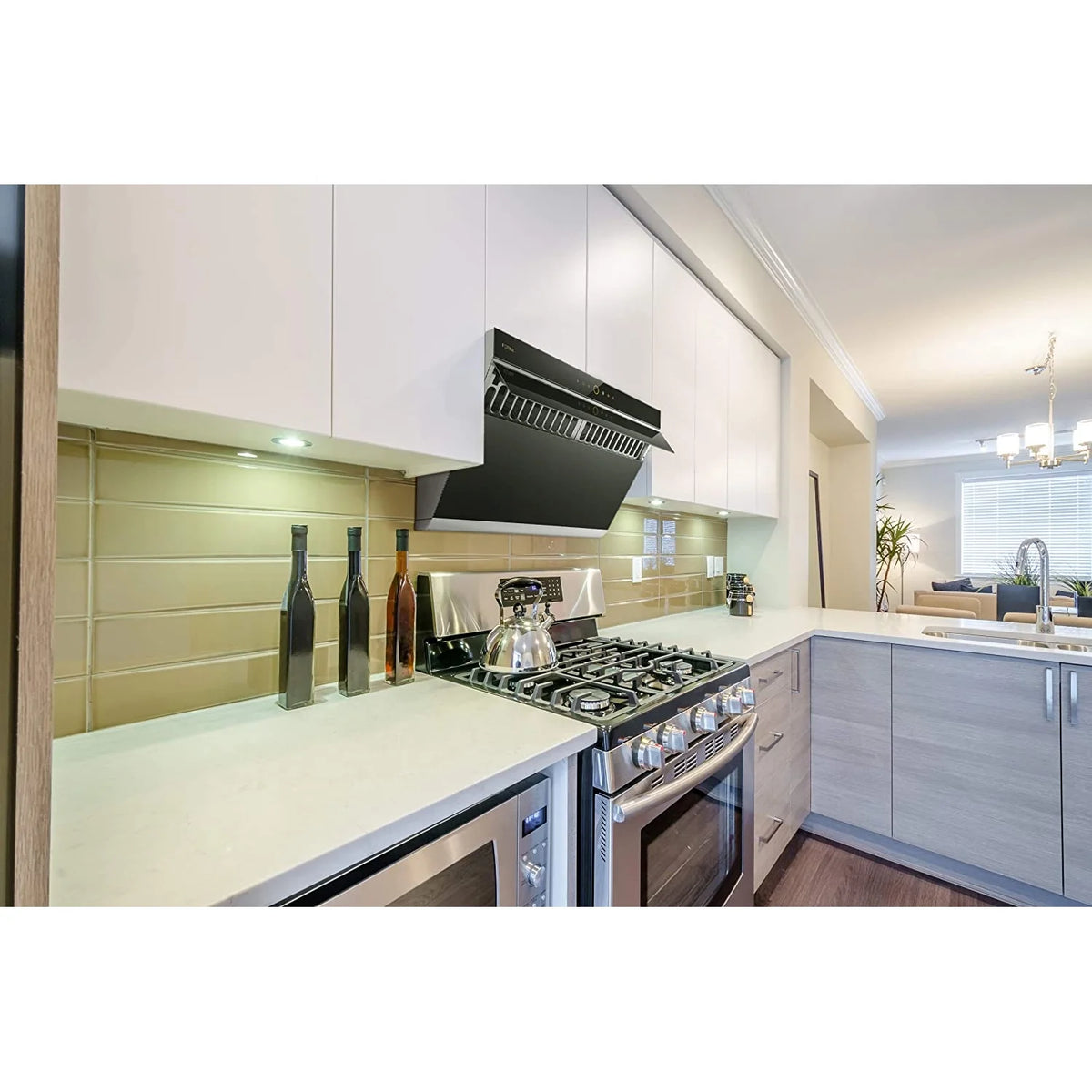 FOTILE Slant Vent Series 30" 1000 CFM Under Cabinet or Wall Mount Range Hood with 2 LED lights, Motion and Touch Activation in Onyx Black Tempered Glass