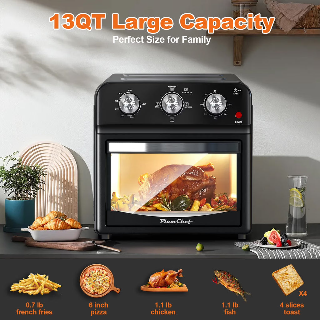 PlumChef 13 Quart 4 Slices Air Fryer Convection Toaster Oven, 1500W, 7 in 1 Multifunction with Roast, Bake, Grill, Broil, Toast, Dehydrate, Defrost, Stainless Steel