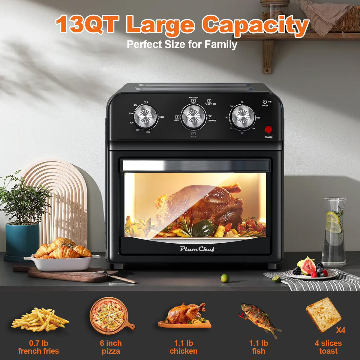 PlumChef 13 Quart 4 Slices Air Fryer Convection Toaster Oven, 1500W, 7 in 1 Multifunction with Roast, Bake, Grill, Broil, Toast, Dehydrate, Defrost, Stainless Steel