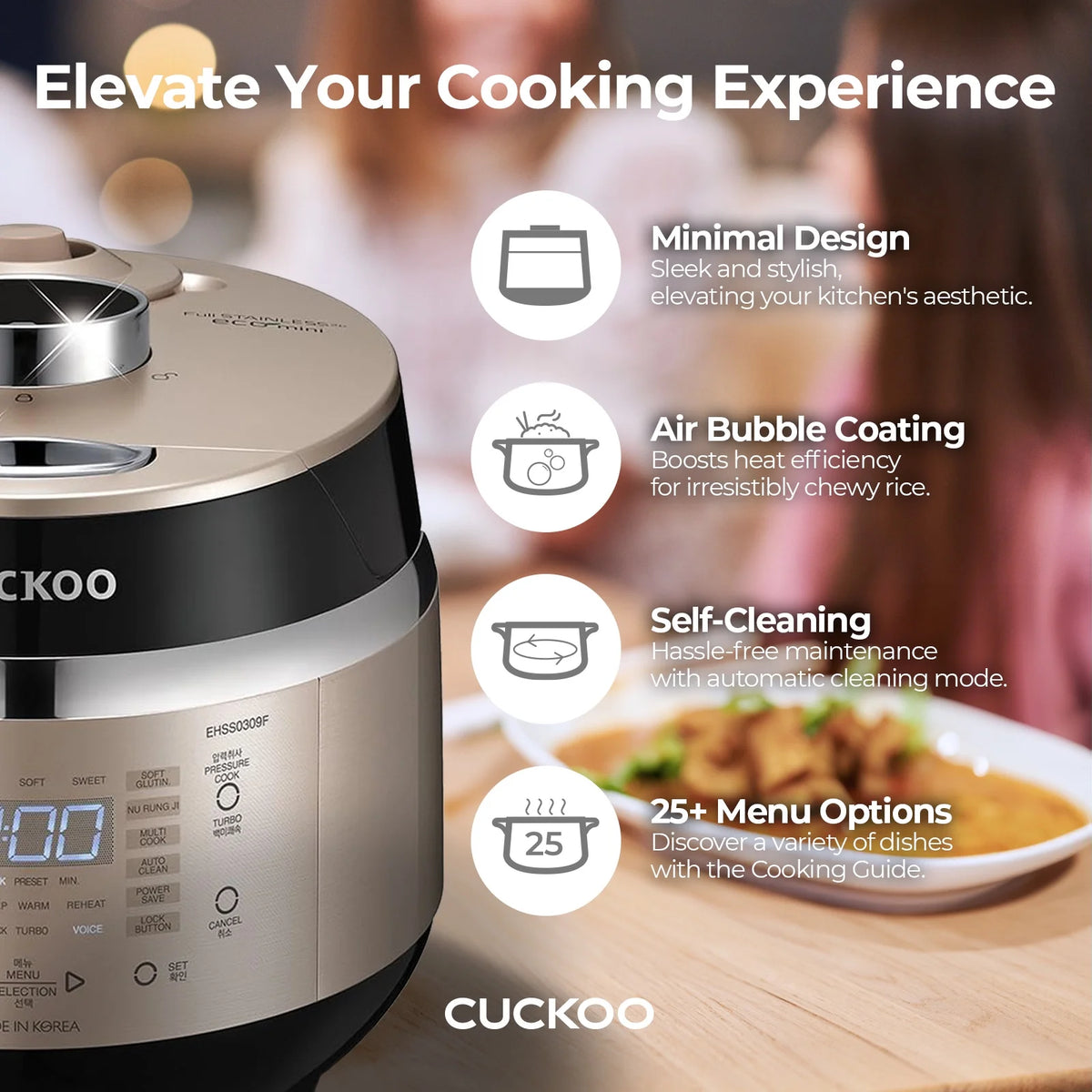 Cuckoo 3 Cup Dry Induction Heating Pressure Rice Cooker with Micom Logic Tech, Nonstick Pot, Warmer, 16 Menu Modes and Voice Guide in Gold (CRP-EHSS0309FG)