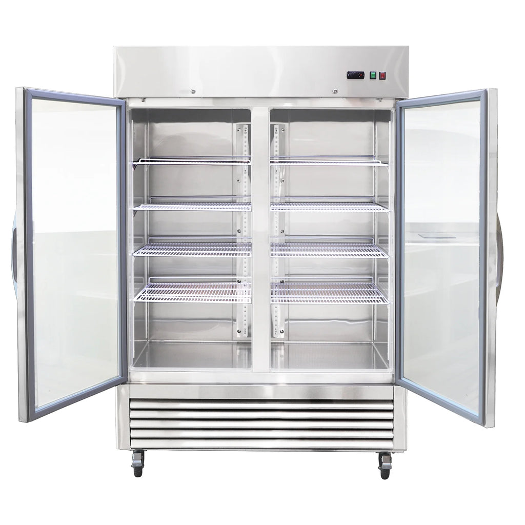 54"W Commercial Refrigerator 2 Glass Door Stainless Steel Interior and Exterior Construction Display Refrigerator 42.2 Cu.ft. Reach-in Merchandising Refrigerator Upright Fan Cooling Merchandiser