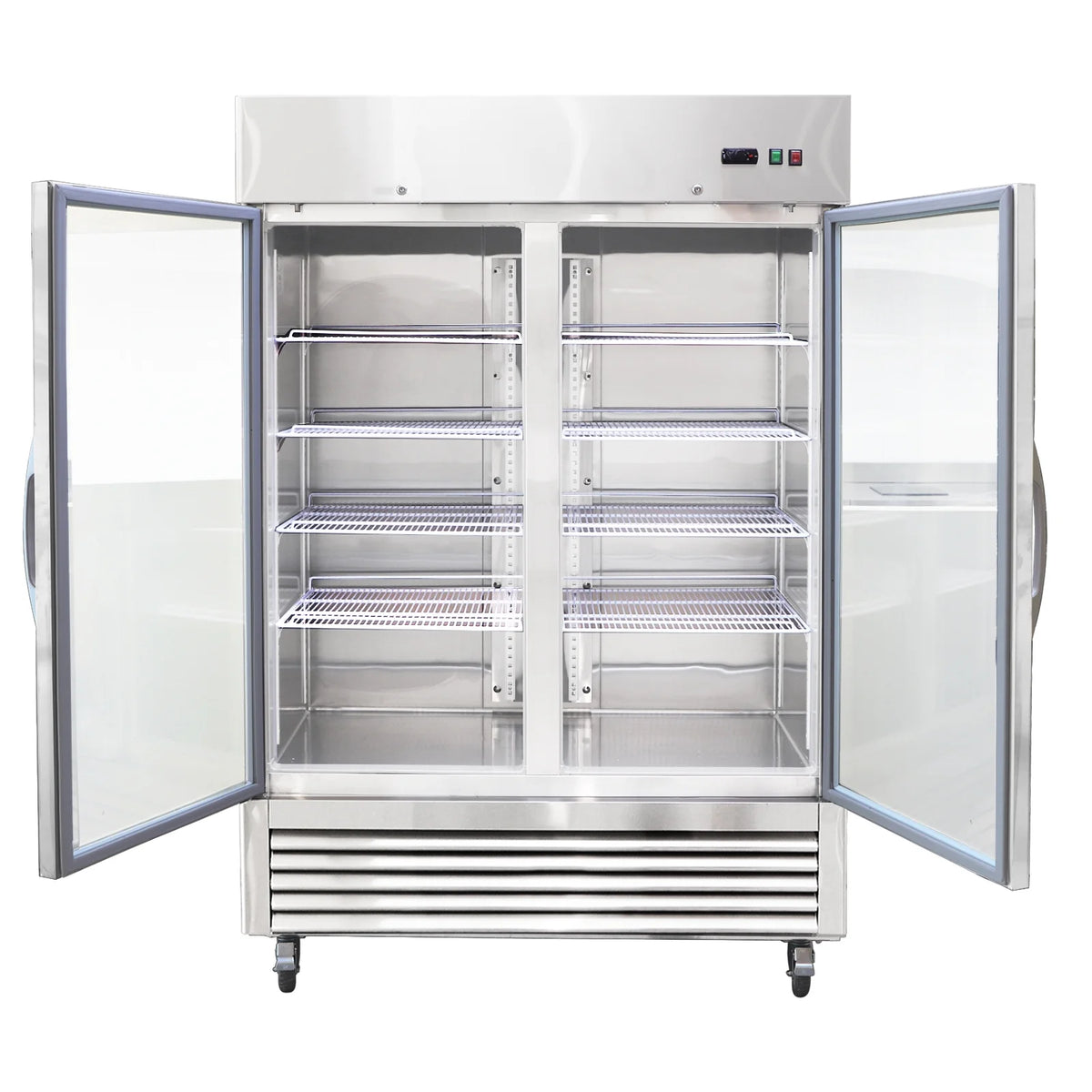 54"W Commercial Refrigerator 2 Glass Door Stainless Steel Interior and Exterior Construction Display Refrigerator 42.2 Cu.ft. Reach-in Merchandising Refrigerator Upright Fan Cooling Merchandiser