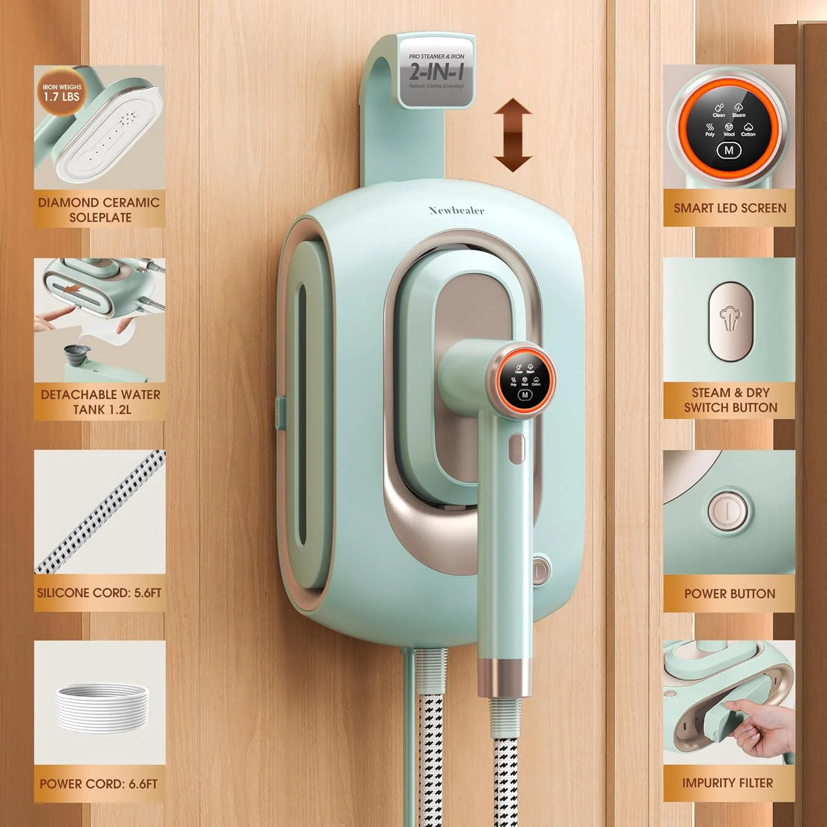 Newbealer Steamer for Clothes,2-in-1 1550W Turbocharged Garment Steamer & Iron ,3 Levels Smart Control Steaming,1.2L Detachable Tank,Auto Shut-Off,Self-Cleaning,Innovative Storage: Hang or Wall Mount