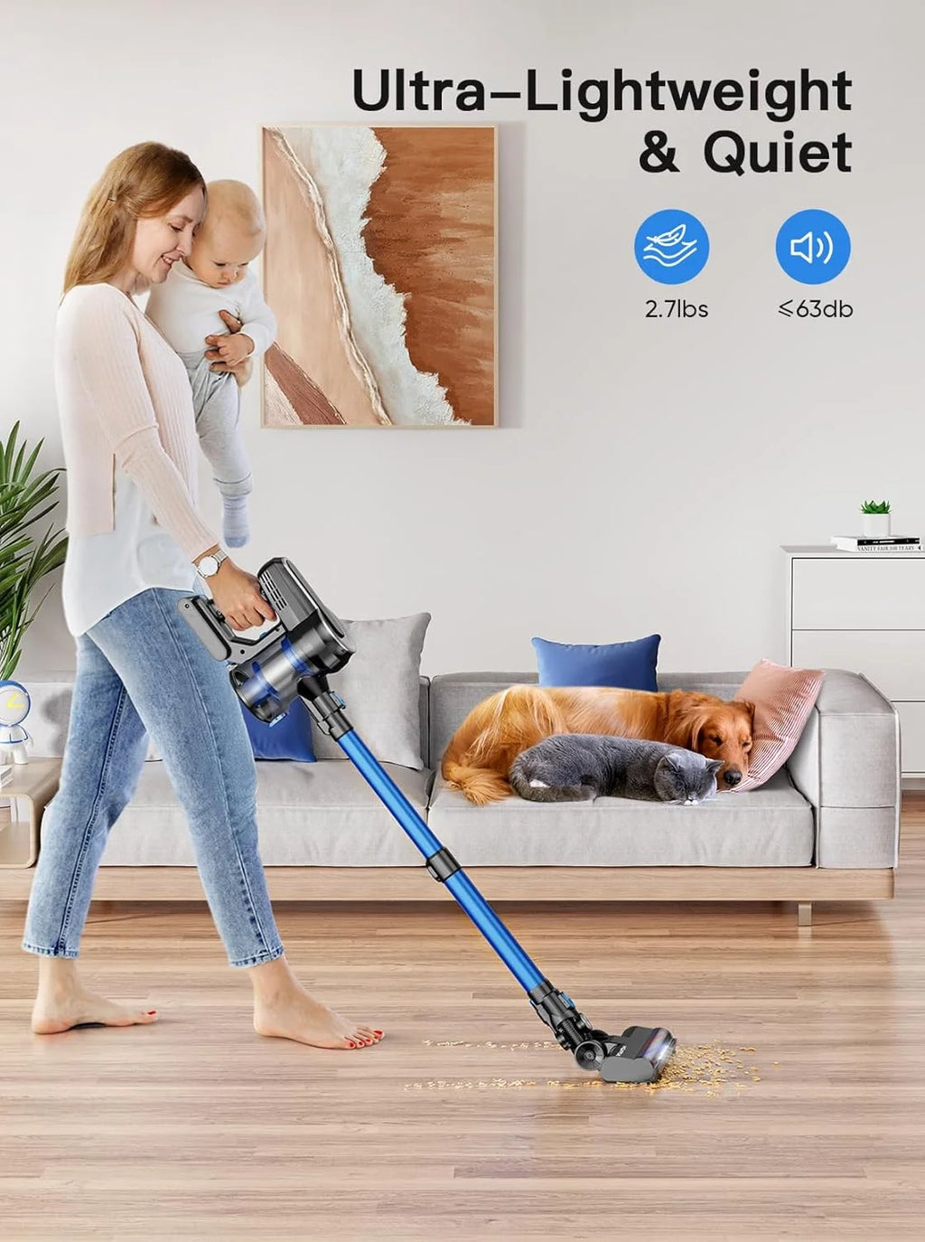 Roanow Cordless Vacuum Cleaner, 38KPA/55Mins with Display Stick Vacuum for Home Hardwood Floor Carpet Pet