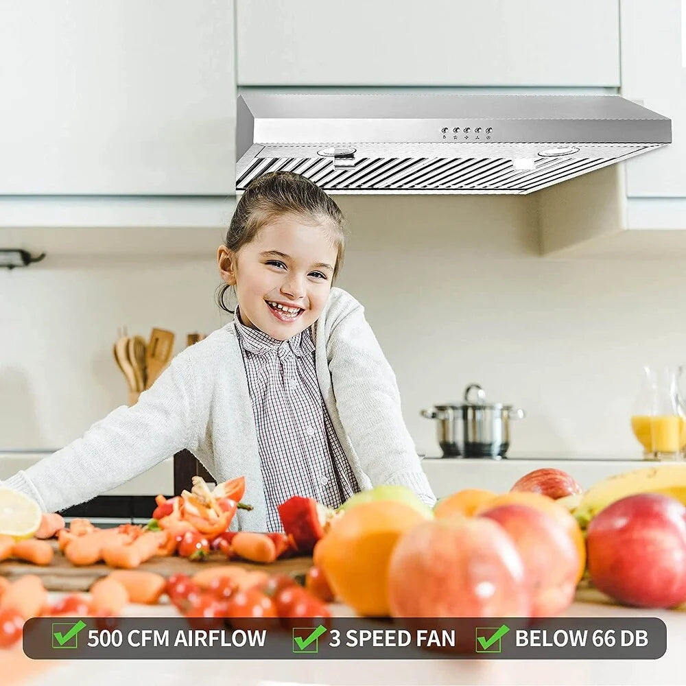 Stainless Steel Range Hood 30 inch Under Cabinet Range Hood 500 CFM with 3 Way Venting Vent Hood