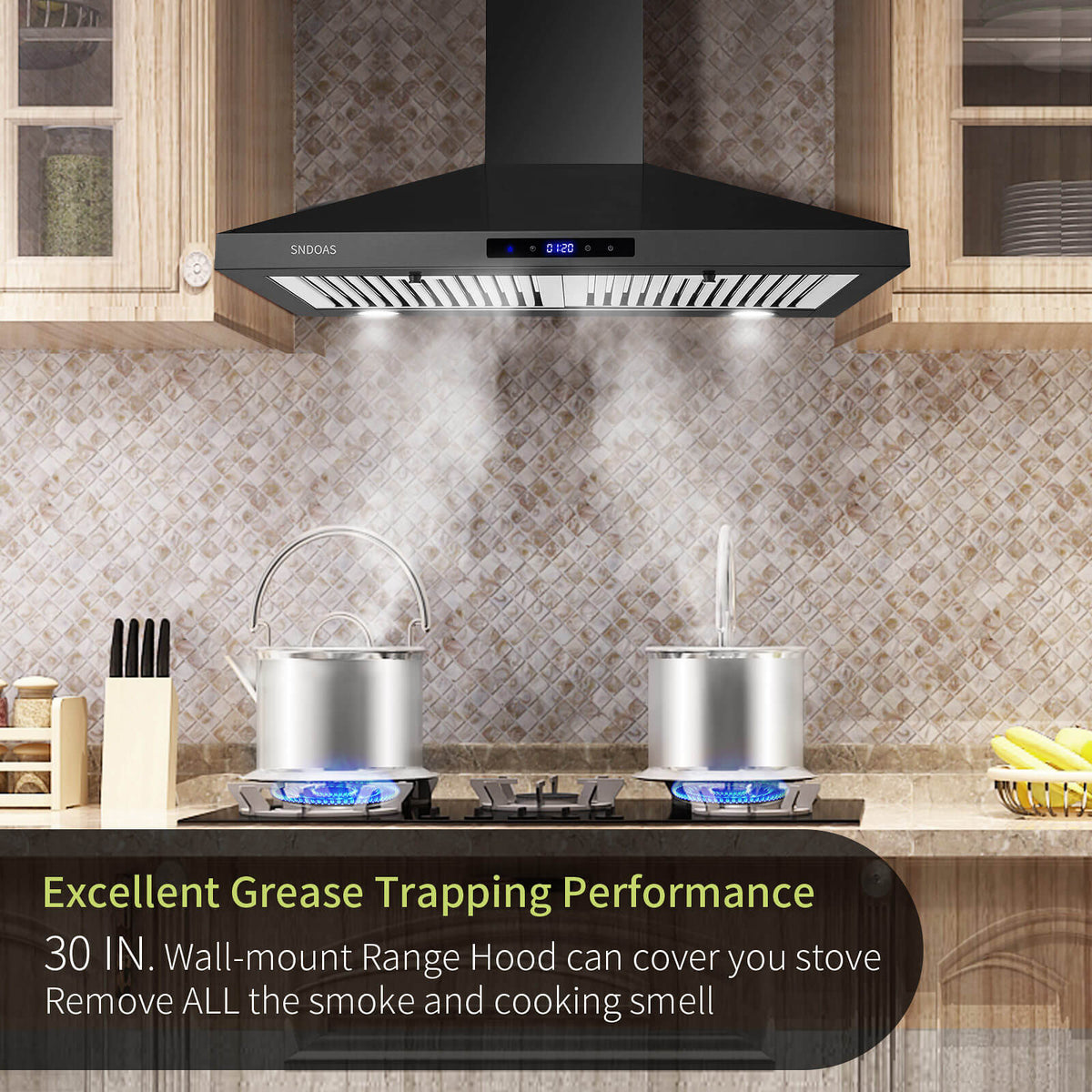 30 inch Wall Mount Range Hood Stainless Steel 350 Cfm Cooking Stove Vented LED Lamp 3 Speed Black