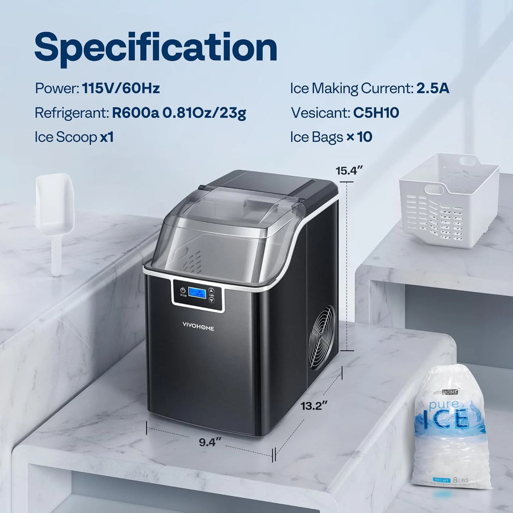 SPECSTAR Nugget Ice Maker Machine, Countertop Ice Maker with Hand Scoop 10 Ice Bags and Self Cleaning Function 44lbs/Day, Silver
