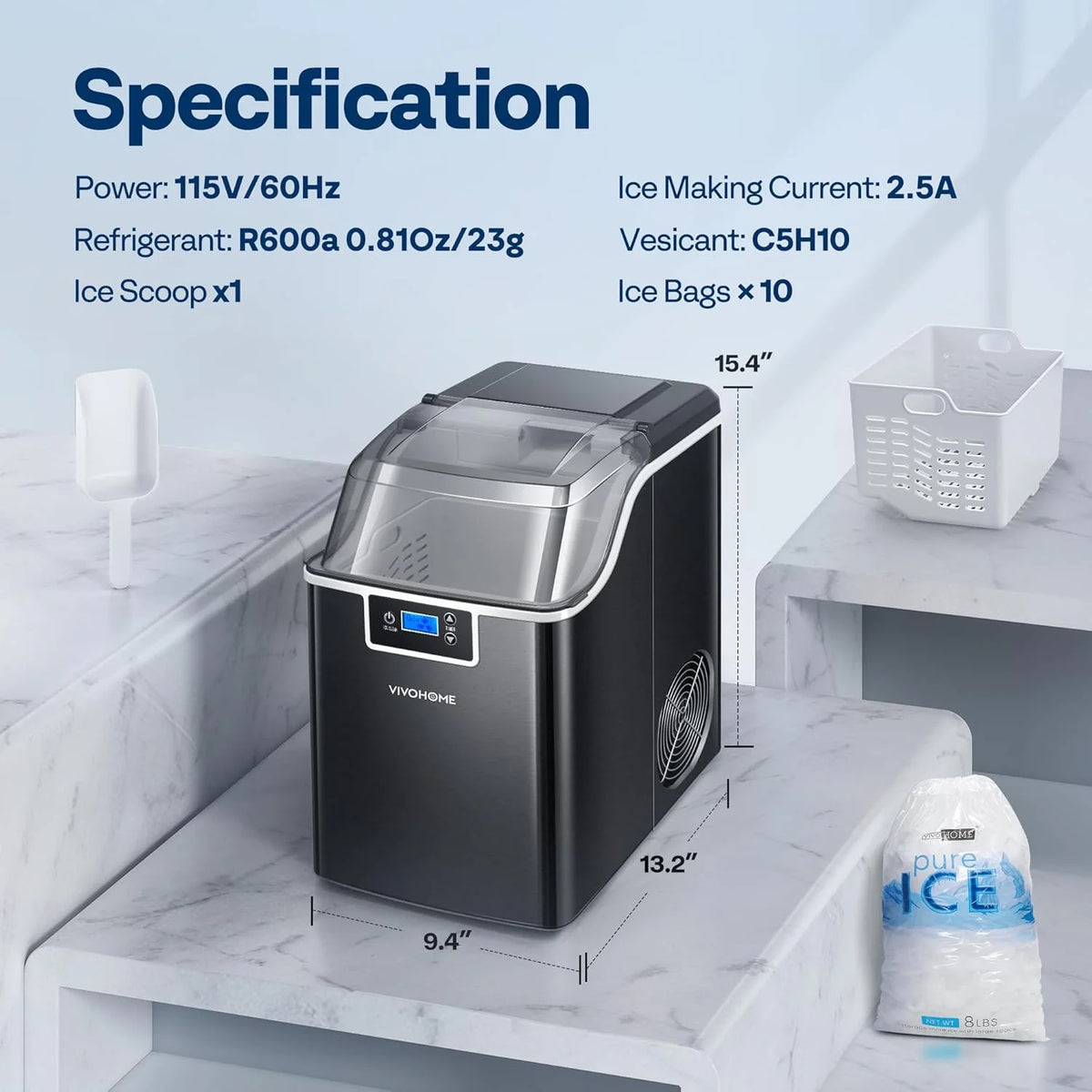 SPECSTAR Nugget Ice Maker Machine, Countertop Ice Maker with Hand Scoop 10 Ice Bags and Self Cleaning Function 44lbs/Day, Silver