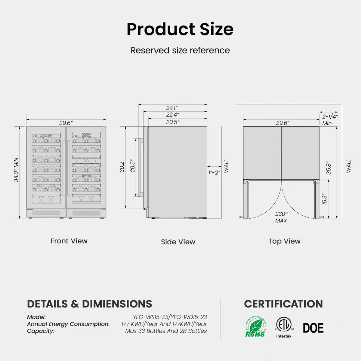 Yeego 30" Wine and Beverage Refrigerator,Two 15" Wine and Beverage Cooler Under Counter or Freestanding, Hold 33 Bottles and 80 Cans(Two Pack)