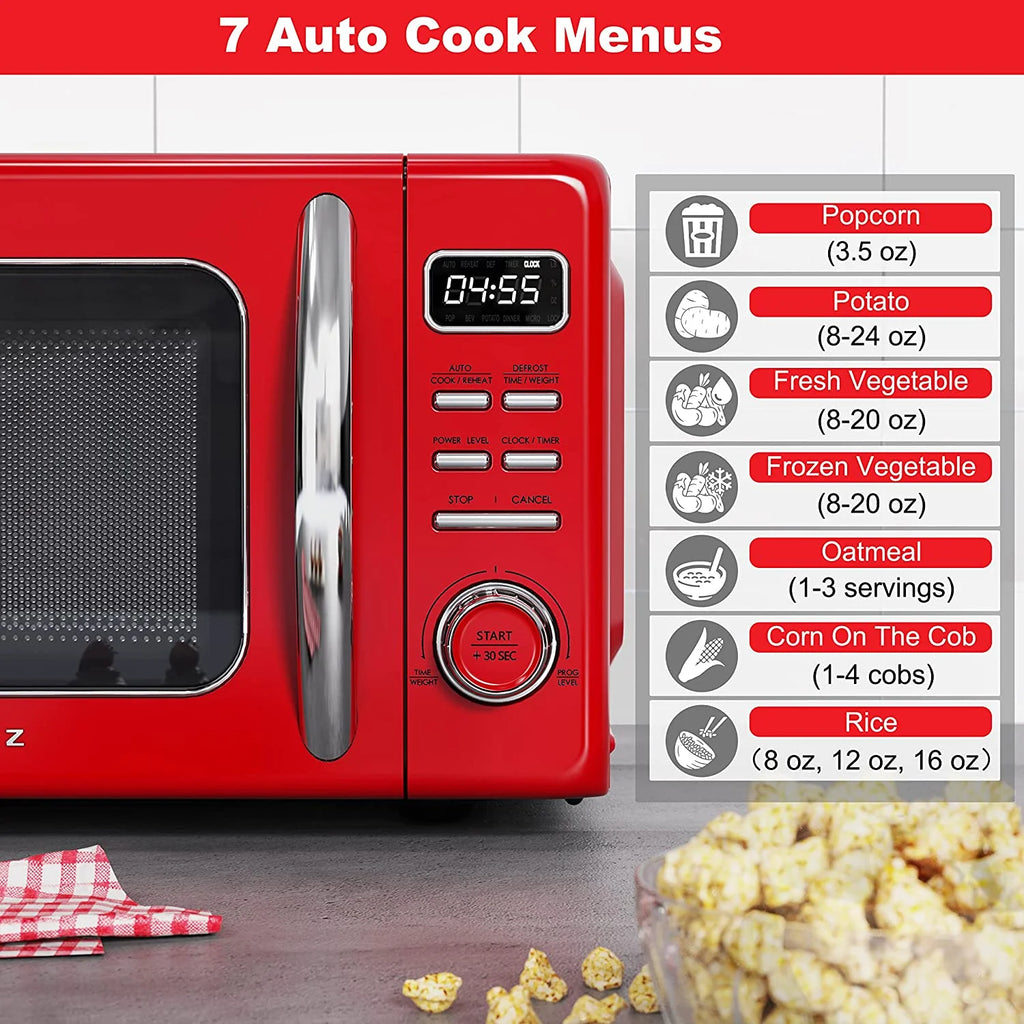 Galanz GLCMKZ09RDR09 Retro Countertop Microwave Oven with Auto Cook & Reheat, Defrost, Quick Start Functions, Easy Clean with Glass Turntable, Pull Handle, 0.9 cu ft, Red