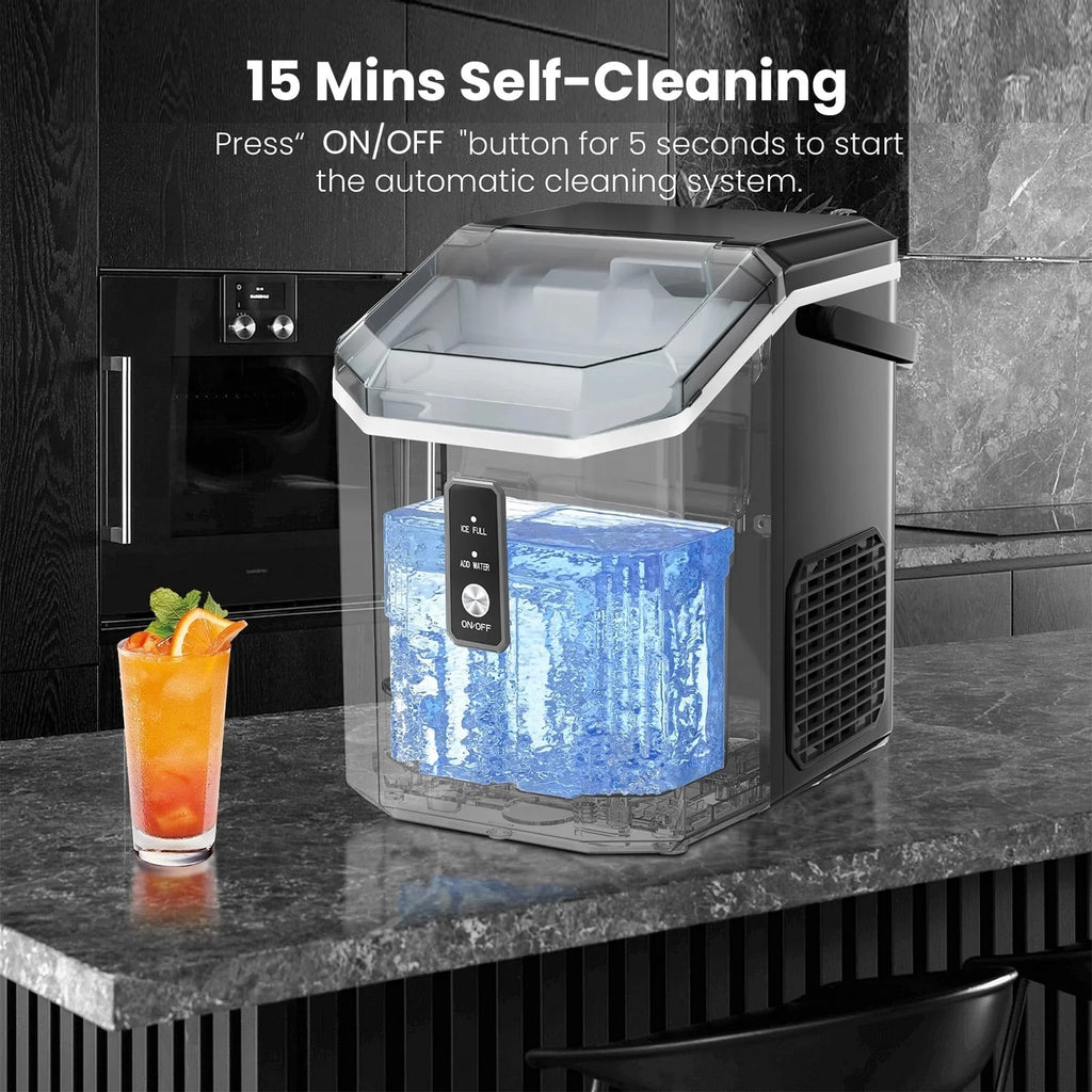 Auseo SS Nugget Countertop Ice Maker with Soft Chewable Ice, 35Lbs/24H, Self-Cleaning, Ice Scoop, Stainless Steel Silver, for Kitchen/Office/Party