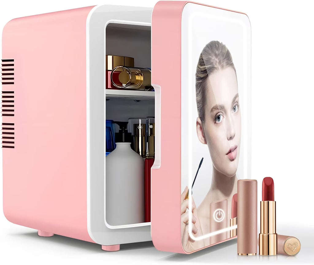 Mini Fridge for Bedroom, Skincare Fridge With Dimmable LED Light Mirror,4L Makeup Mini Fridge,Cooler & Warmer,Compact Small Refrigerator,for Bedroom, Car,For Cosmetics, Skincare And Food,Pink