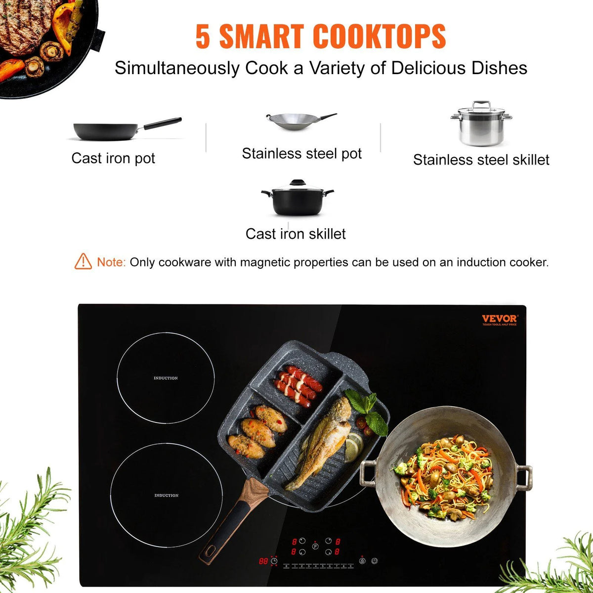 HCY Electric Cooktop, 4 Burners, 30'' Induction Stove Top, Built-in Magnetic Cooktop 7500W, 9 Heating Level Multifunctional Burner, LED Touch Screen with Child Lock & Over-Temperature Protection