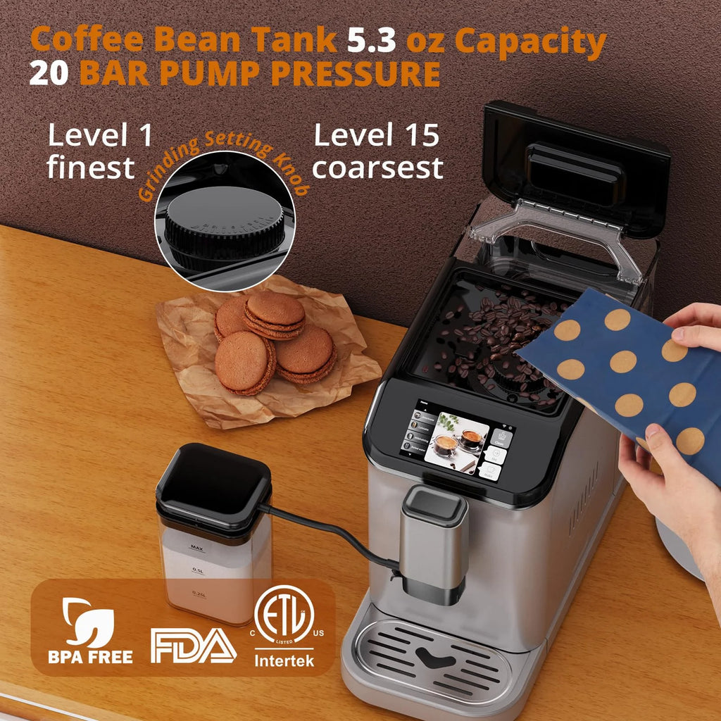 TROPOW Fully Automatic Espresso Machine, Automatic Milk Frother, Coffee Machine with Intuitive Touch Display for Latte, Cappuccino, Iced Coffee, Built-in Grinder, 1.5L Water Tank, for Home Office