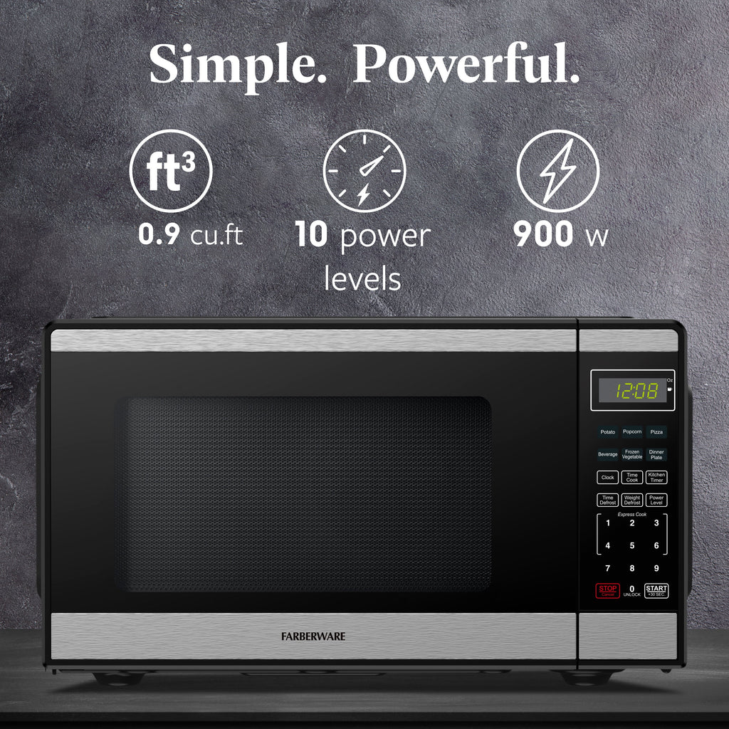 Farberware FMGZ09BKA 0.9 Cu. Ft. Microwave Oven, 900W, Digital Control, LED Display, 6 Cooking Presets, Black