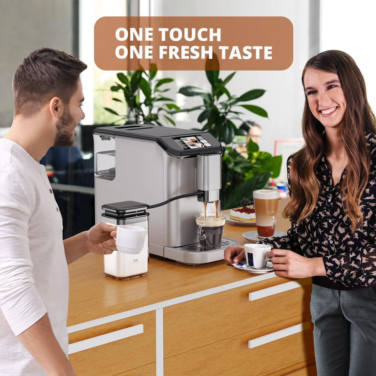TROPOW Fully Automatic Espresso Machine, Automatic Milk Frother, Coffee Machine with Intuitive Touch Display for Latte, Cappuccino, Iced Coffee, Built-in Grinder, 1.5L Water Tank, for Home Office