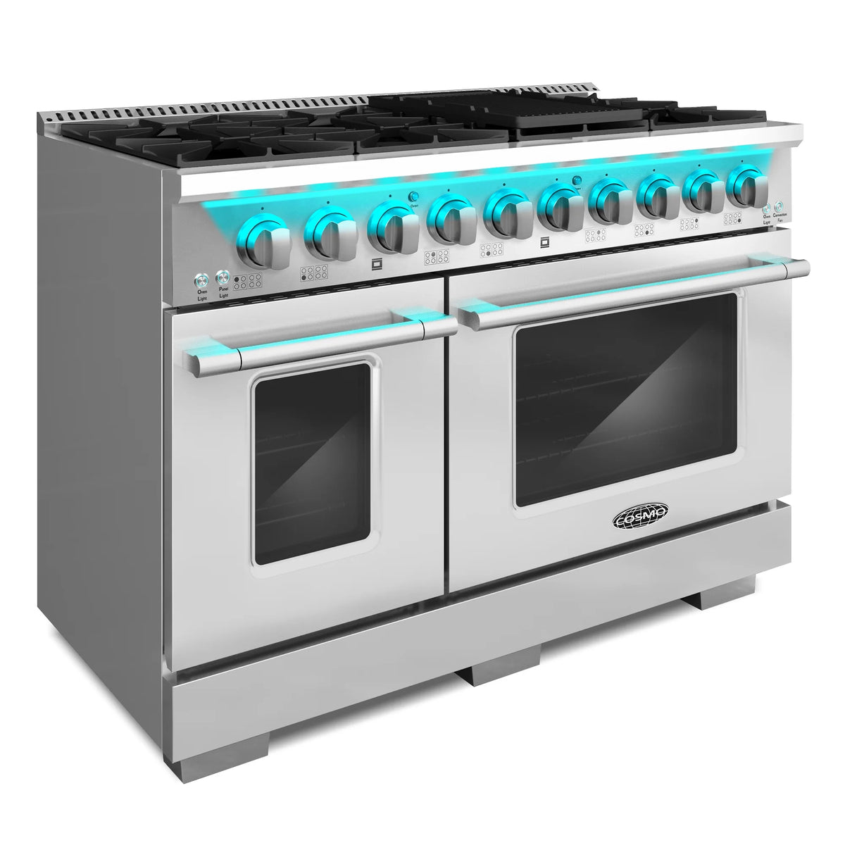 Cosmo 48 in. Lumin Collection 5.5 cu. ft. Double Oven Dual Fuel Range with 8 Burners, Cast Iron Grates in Stainless Steel