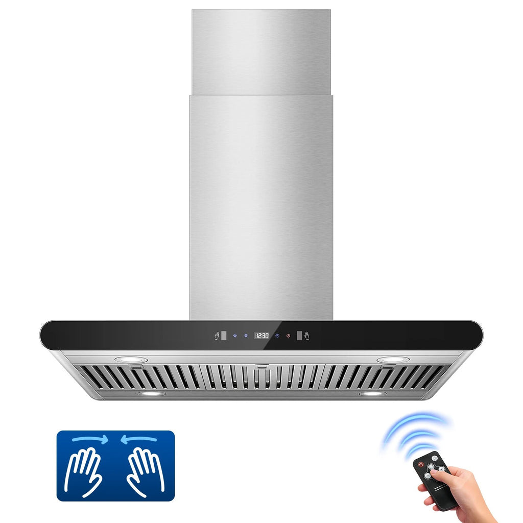 Island Range Hood 30 Inch 700 CFM kitchen Hood with Dual-Sided Touch Gesture Remote Control Ceiling Mount Convertible Ducted/Ductless 3-Speed Fan 3 Stainless Steel Baffle Filters