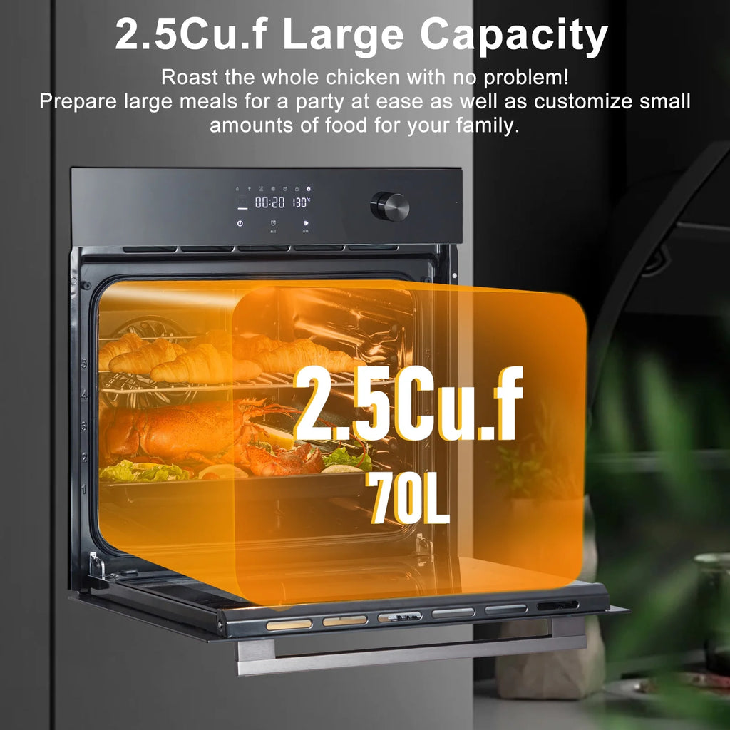 Single Wall Oven 24" Built-In Electric Ovens, 66L Capacity, 3000W, 8 Baking Modes, 3D Surround Heating With Double-Layered Glass Door, Touch Control