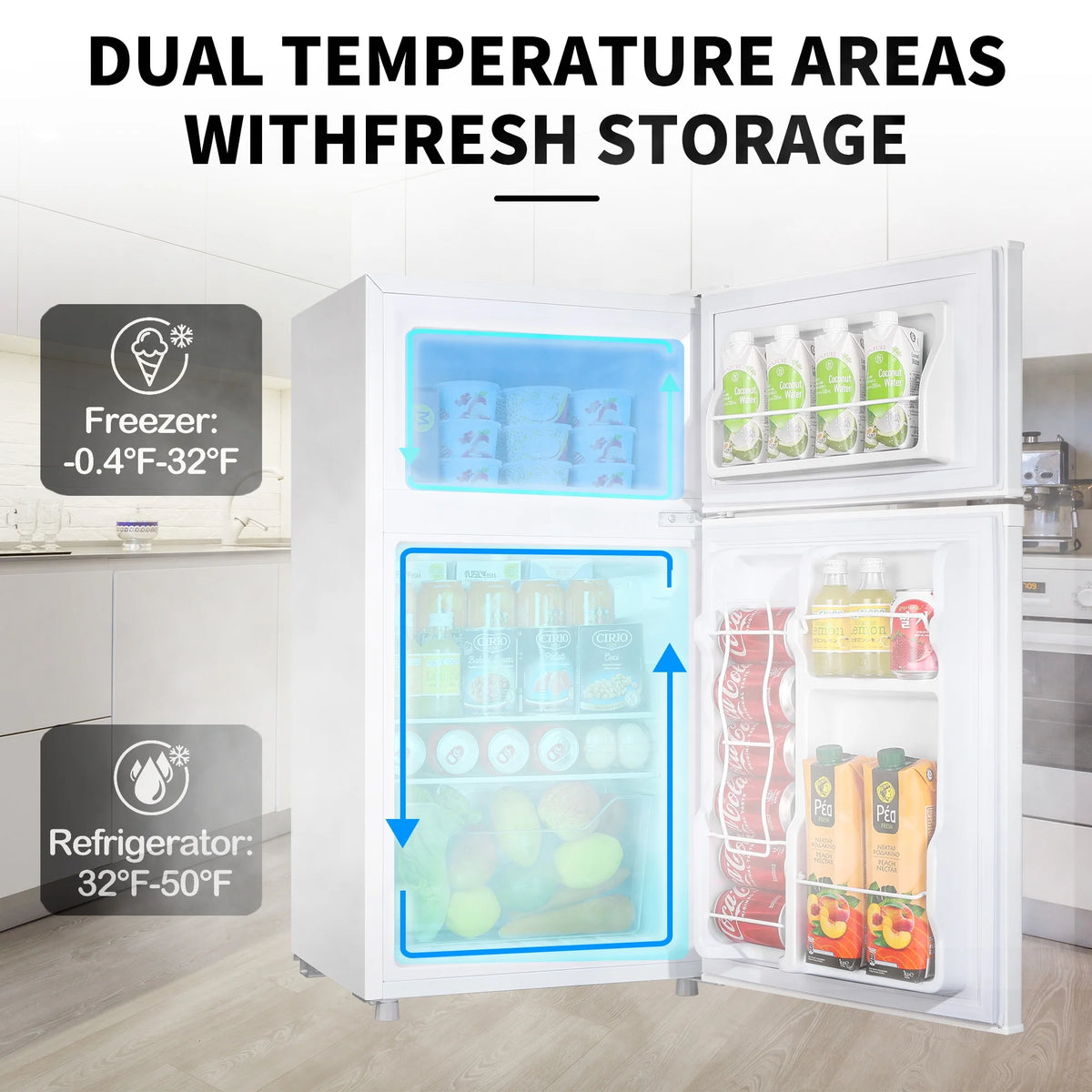 2 Door Mini Fridge with Freezer,3.5Cu.ft Small Freezer,7 Adjustable Thermostat,Blue,New