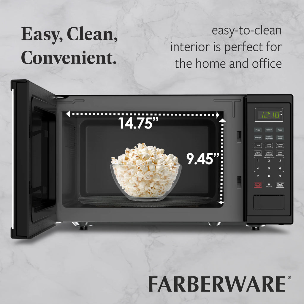 Farberware FMGZ09BKA 0.9 Cu. Ft. Microwave Oven, 900W, Digital Control, LED Display, 6 Cooking Presets, Black