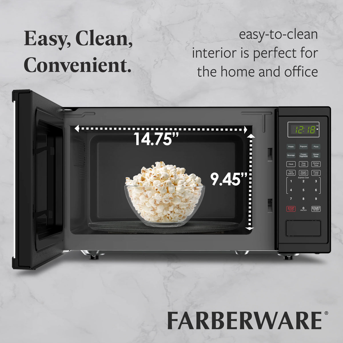 Farberware FMGZ09BKA 0.9 Cu. Ft. Microwave Oven, 900W, Digital Control, LED Display, 6 Cooking Presets, Black