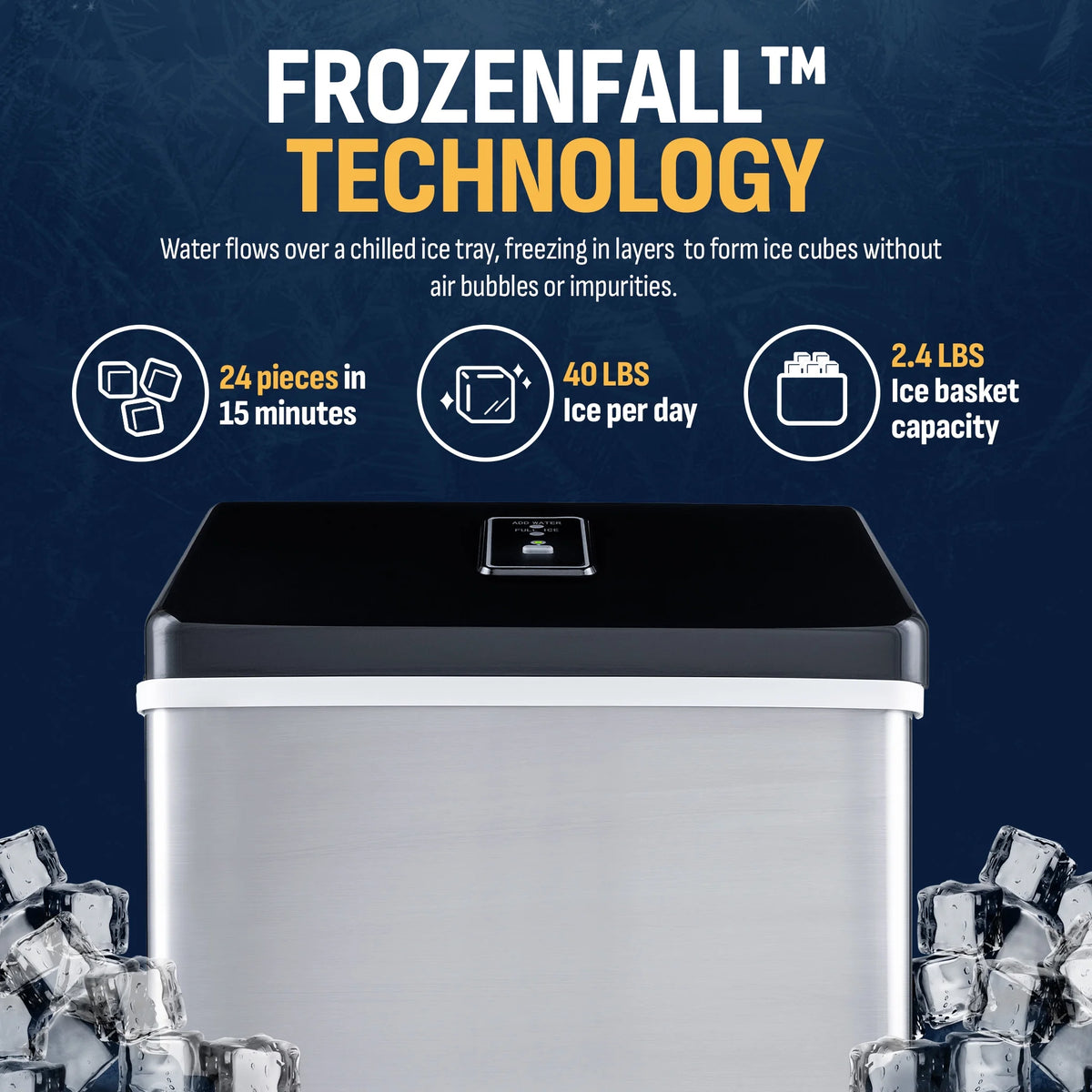 Newair Portable Countertop 40lb Clear Ice Maker Machine, Stainless Steel