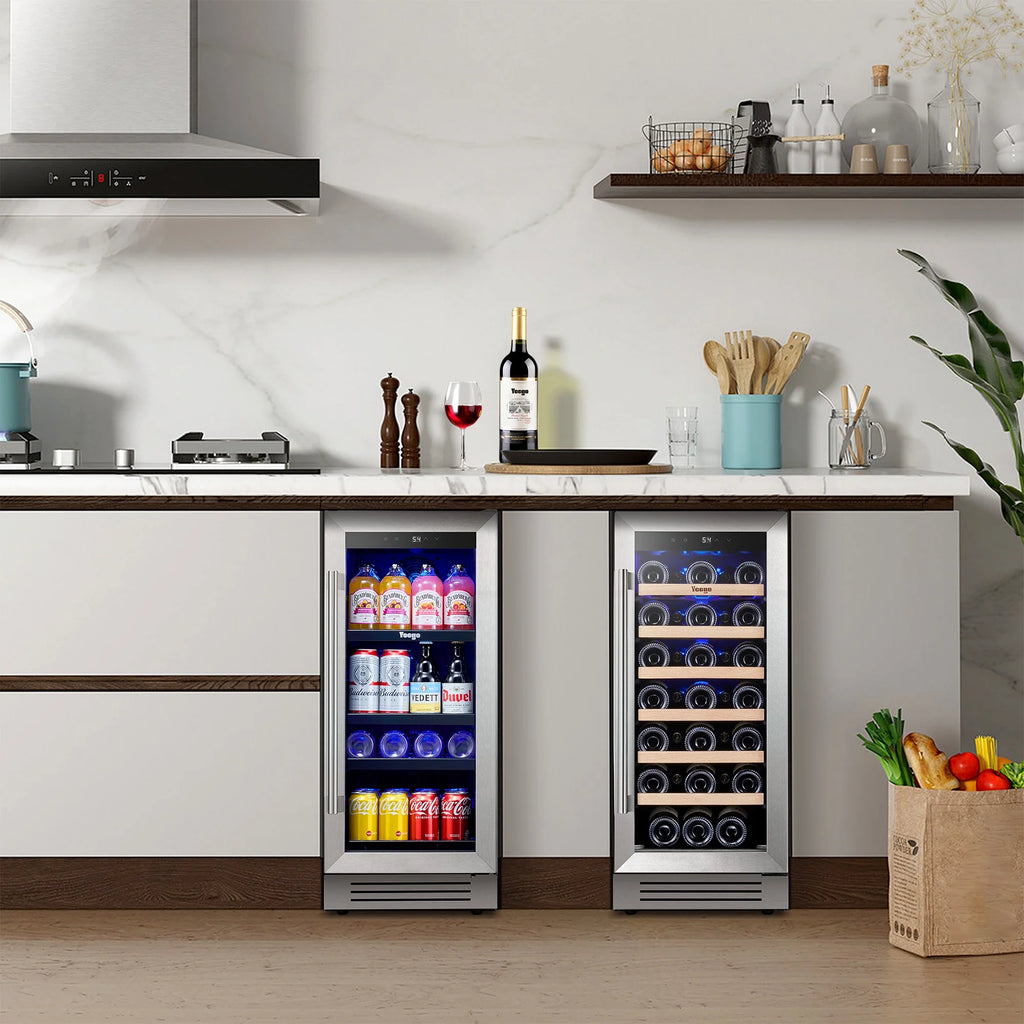 Yeego 30" Wine and Beverage Refrigerator,Two 15" Wine and Beverage Cooler Under Counter or Freestanding, Hold 33 Bottles and 80 Cans(Two Pack)