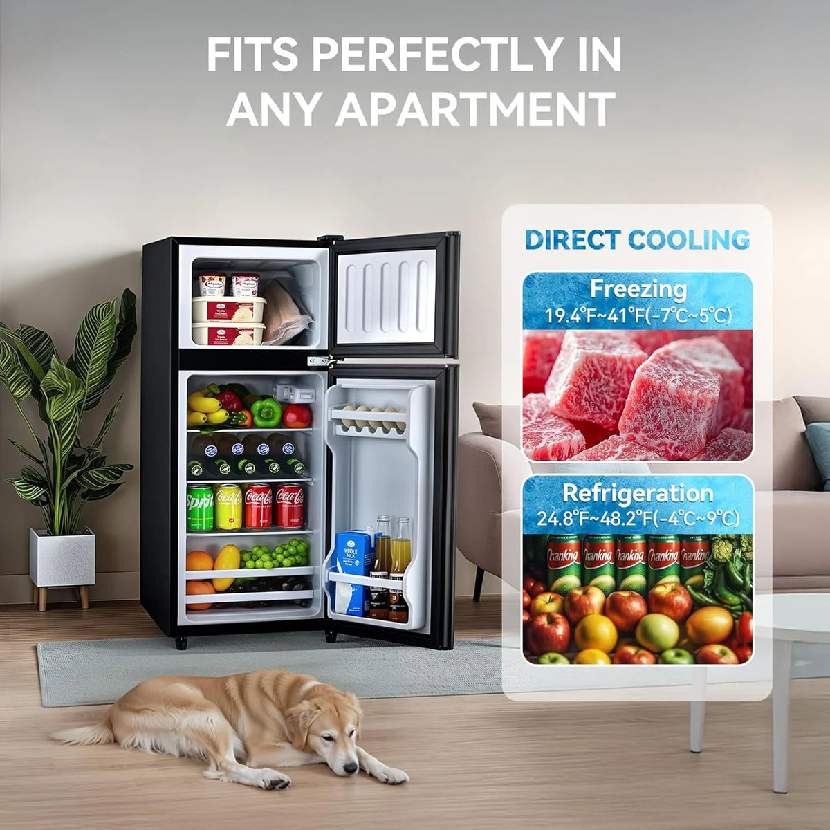 GGTB 3.5 Cu.Ft Fridge with Freezer, Double Door Refrigerator with 6 Level Thermostat, LED Light, Adjustable Glass Shelves for Bedroom, Office, Dorm, Apartment, Silver