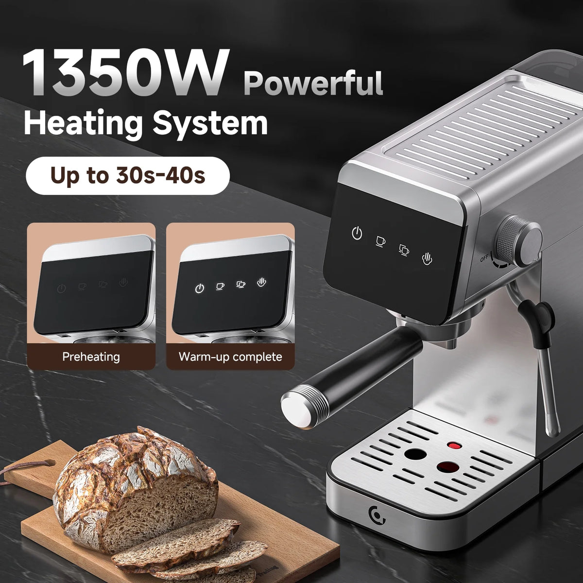 Sunmaki Espresso Machine 20 Bar Stainless Steel Coffee Machines with LED Touch Screen Powerful Steam Wand, Removable Water Tank, for Cappuccino, Latte