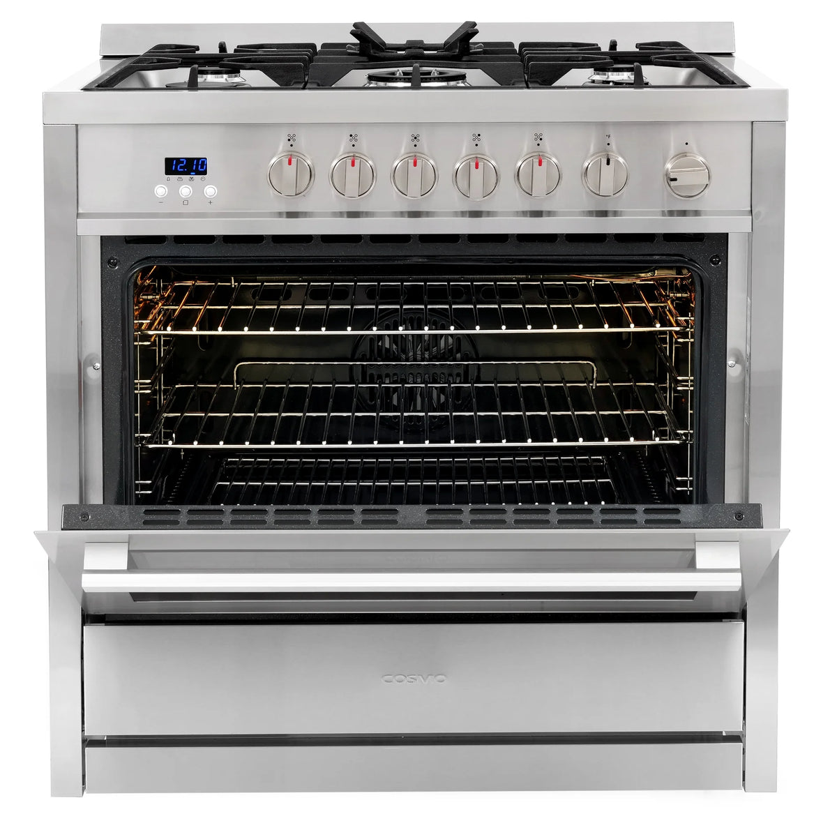 Cosmo 4 Piece Kitchen Appliance Packages with 36" Freestanding 220/240V Dual Fuel Range 36" Under Cabinet Mount Range Hood 24" Built-in Dishwasher & French Door Refrigerator Kitchen Appliance Bundles