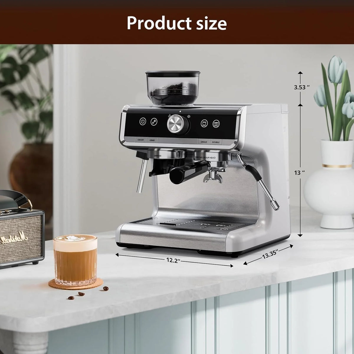 COZONY Espresso Machine 15 Bar, 2.5 L Water Tank, Semi Automatic Coffee Maker with Grinder, Milk Frother/Steam Wand, Italian Pump, All-in-One Espresso Machine, Stainless Steel, Silver