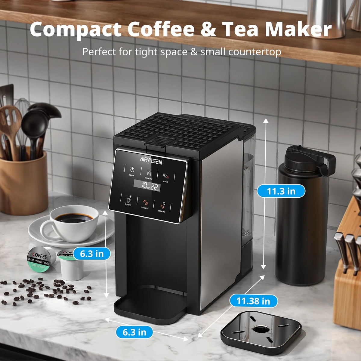 AIRMSEN 4 in 1 Single Serve Coffee Maker with Grinder, K Cup Coffee Machine Compatible with Grounds and Beans, Instant Coffee Pot with 5 Grind Levels & 6-14oz Cup Sizes, BPA-Free