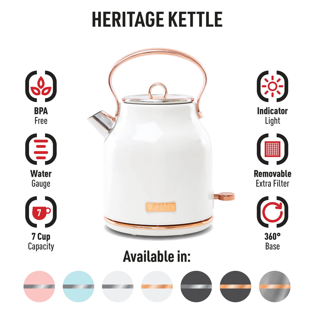 Open Box Haden Heritage 1.7L Stainless Steel Retro Electric Kettle,Ivory/Copper