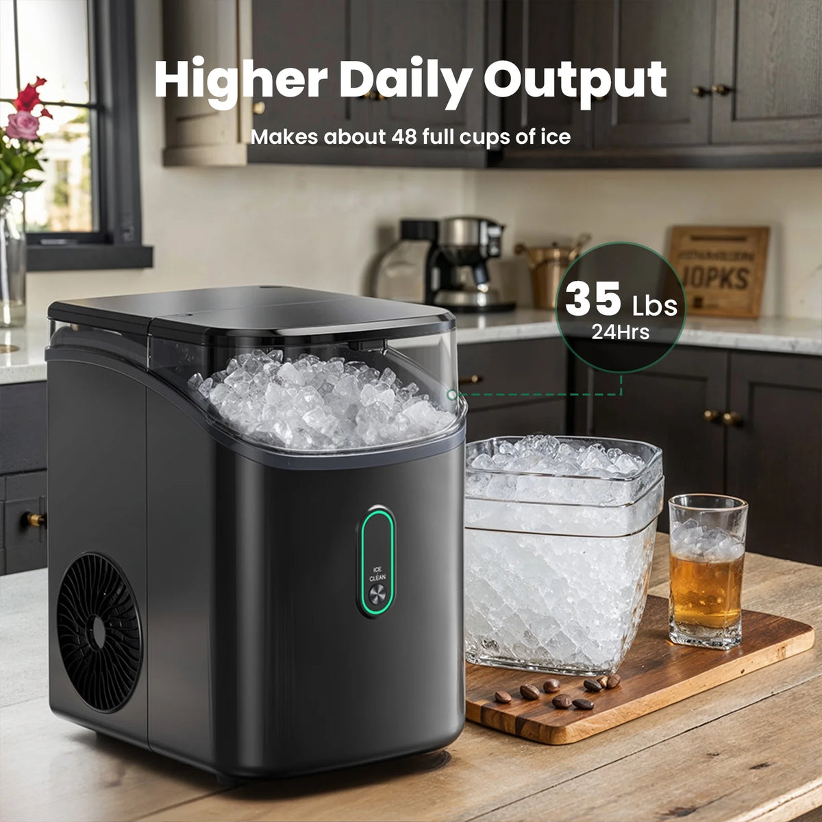 Philergo Nugget Ice Maker Countertop, WiFi Pebble Ice Machine with Timer and Self-Cleaning Function, 35 lbs/24 Hrs for Home, Kitchen, RV, Camping, Black