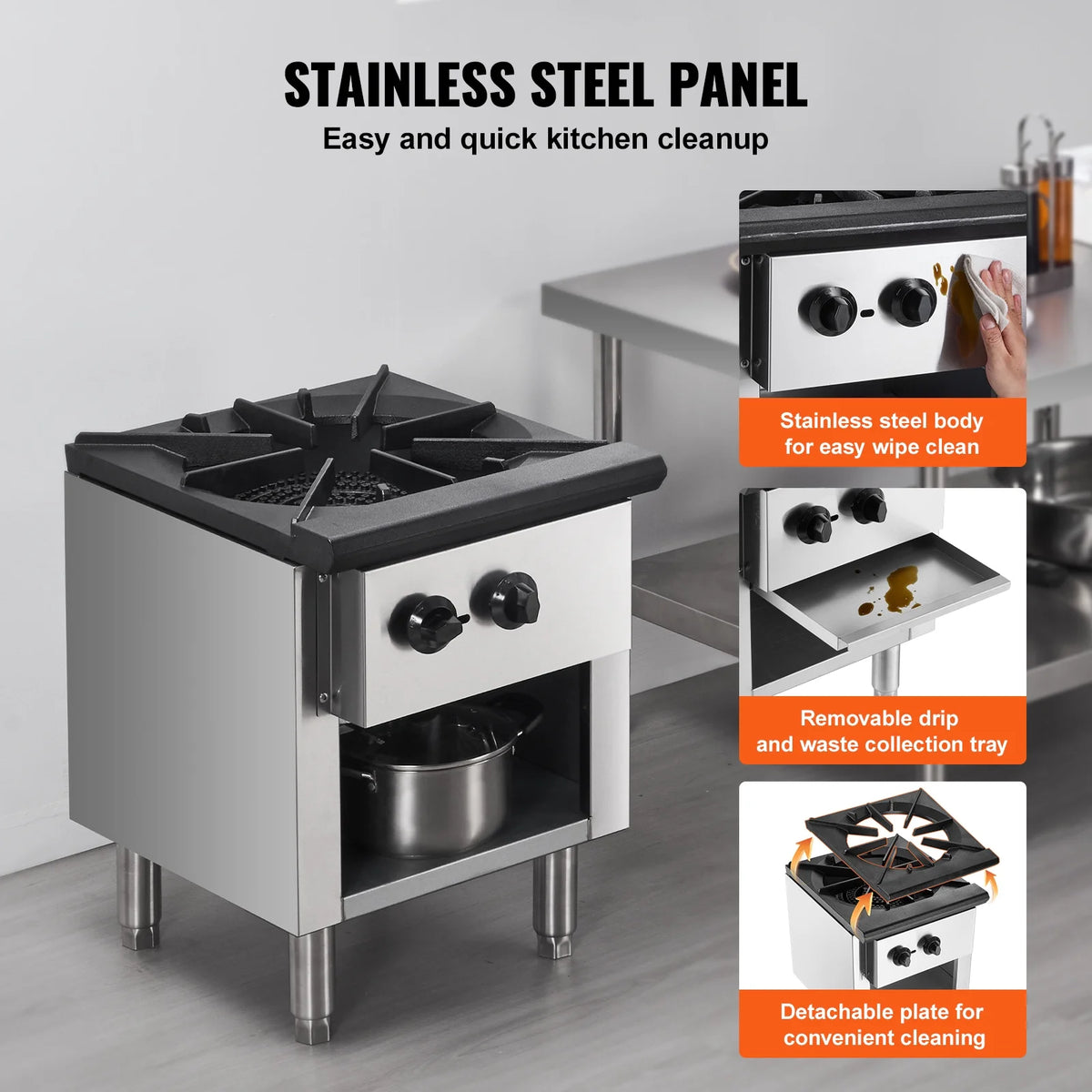 KFFKFF Gas Range for Commercial Kitchens, Dual Fuel Support with Propane & Natural Gas, Stainless Steel Countertop Burner, 90,000 BTU, Includes Storage Cabinet, Ideal for Restaurants
