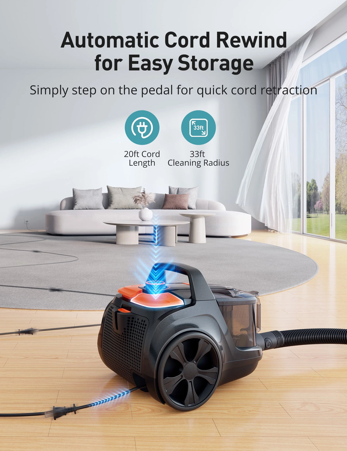 Canister Vacuum Cleaner, 30Kpa Powerful Suction, Bagless with 3.7QT Large Dust Cup, Auto Cord Rewind, HEPA Filter, 5 Attachments, Lightweight Vacuum for Pet Hair, Hard Floors & Car