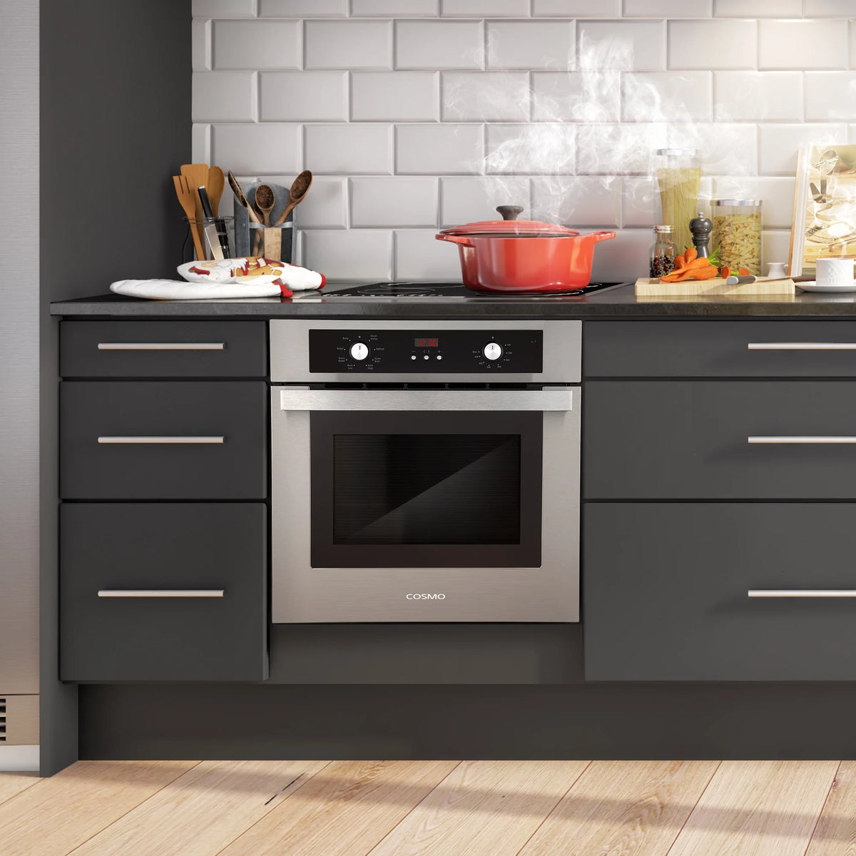 Cosmo 5 Piece Kitchen Appliance Package With 36" Electric Cooktop 24" Single Electric Wall Oven 17.3" Countertop Microwave French Door Refrigerator & 24" Built-in Fully Integrated Dishwasher