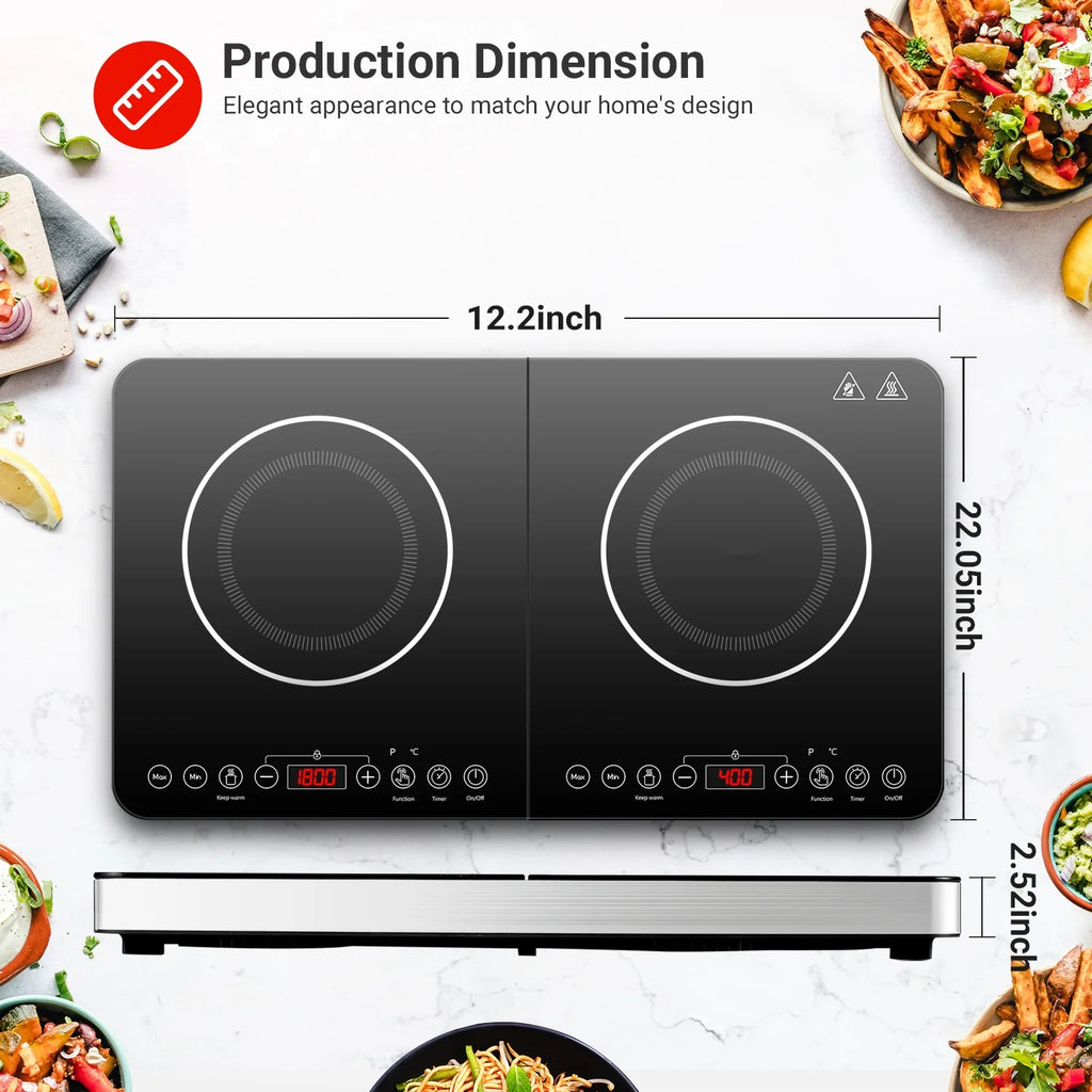 Electric Double Induction Cooktop, 1800W Portable Induction Cooktop with 2 Burners