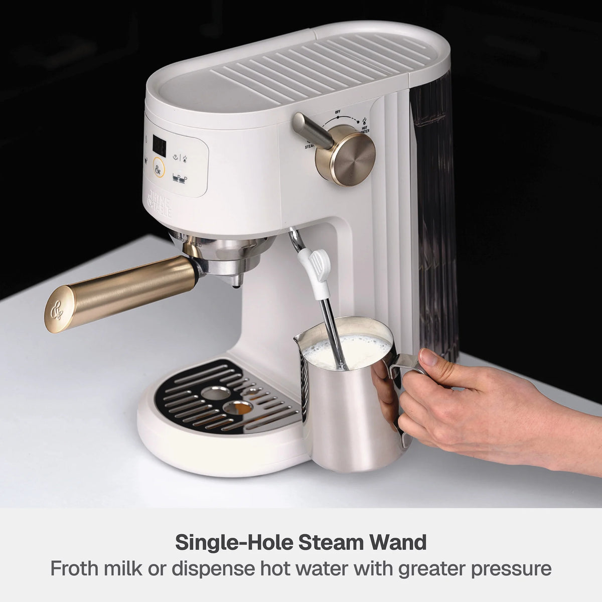 Thyme & Table Barista Mini Espresso Machine with 15-Bar Pressure and Steam Wand, Sand White