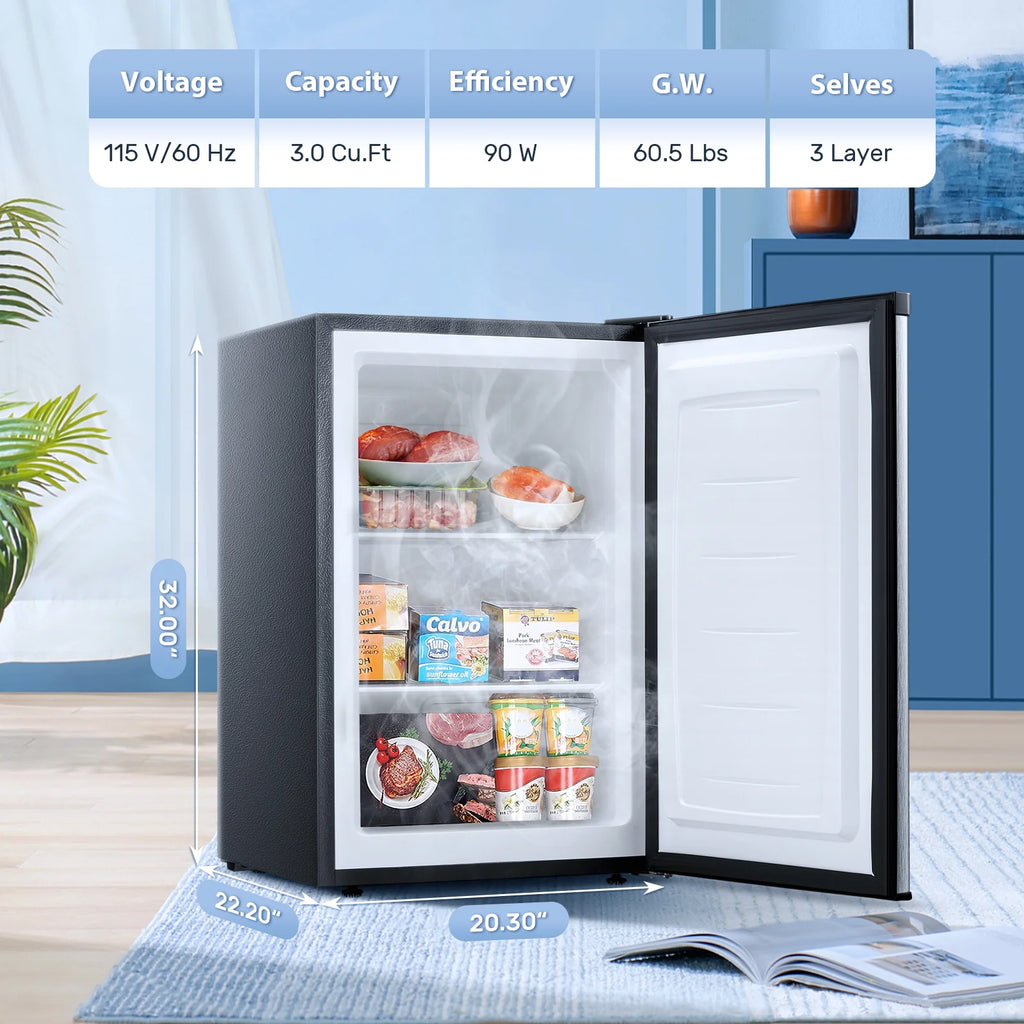 Auseo Upright Freezer, 3 Cu.ft Mini Freezer with Adjustable Thermostat & Reversible Single Door, Stand Up Freezer for Home/Office/Dorms/Apartment-Black