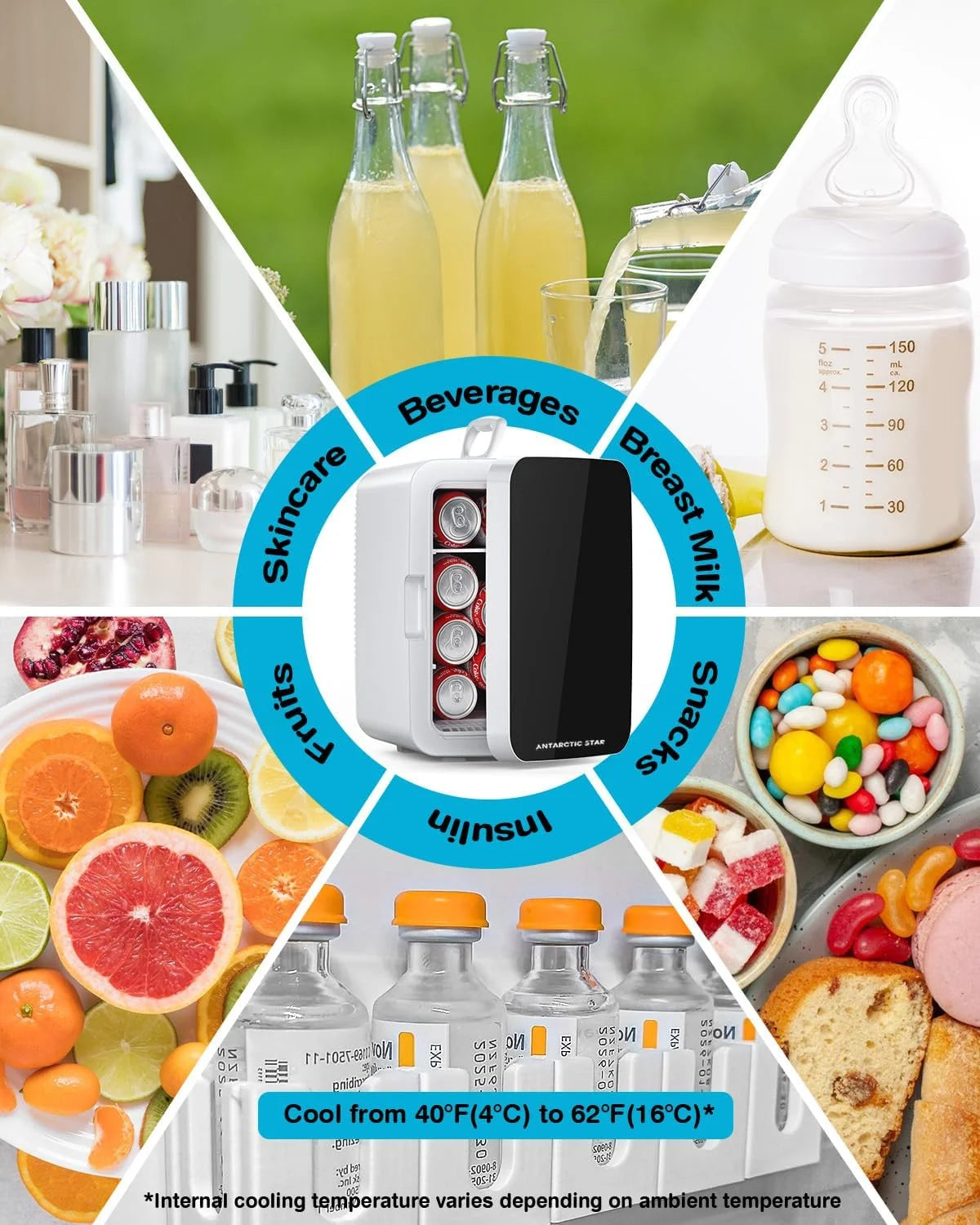 Compact Mini Fridge, 10L Portable Small Refrigerator, 2.6 Gal Mini Fridge with AC/DC Adapters, Small Cosmetics Cooler for Beverage, Food, Makeup, Bedroom, Office, Dorm,