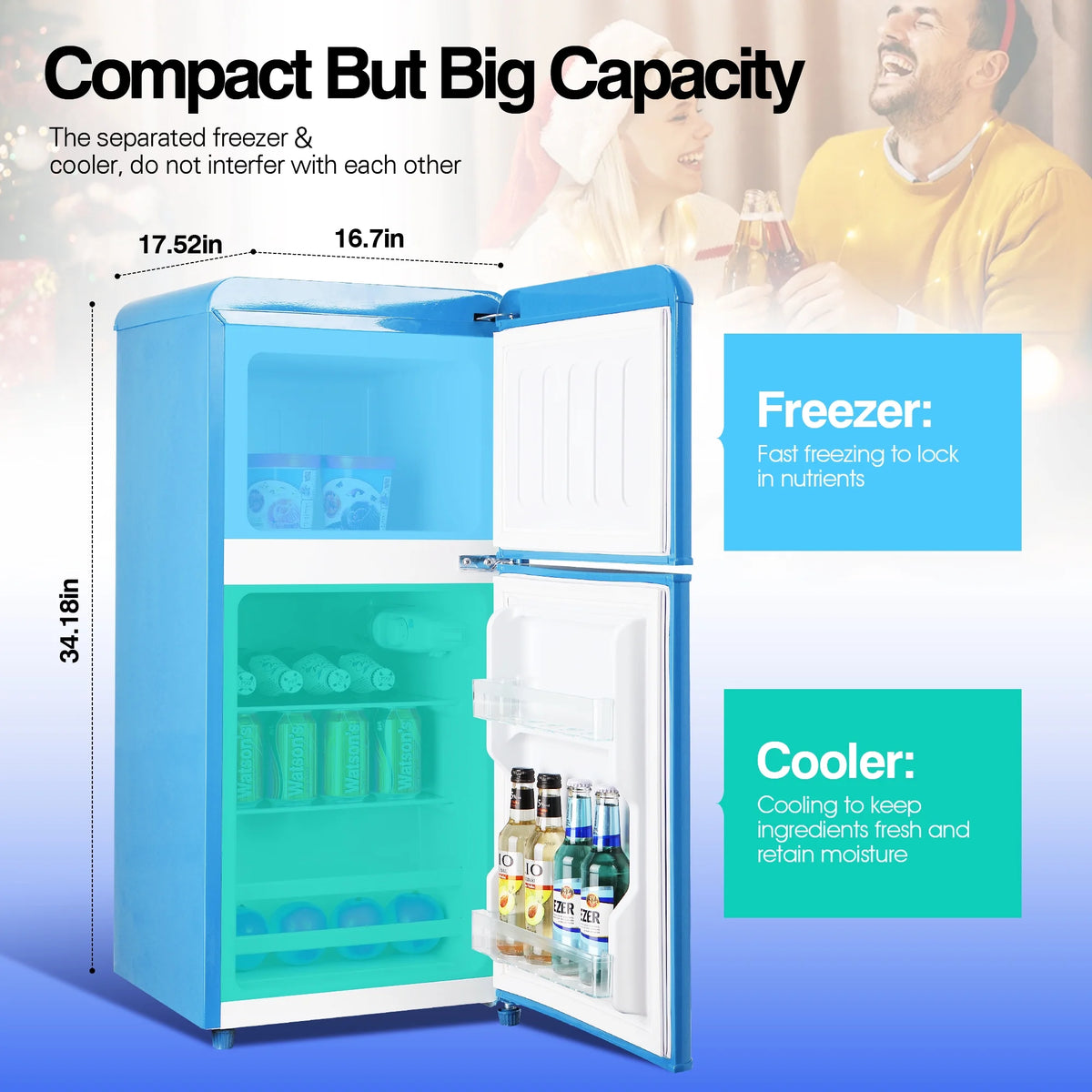 GGTB 3.0 Cu.Ft Two Door Small Refrigerator with Freezer, Compact Retro Small Refrigerator for Dorm, Office, Bar, RV, Bedroom, Blue