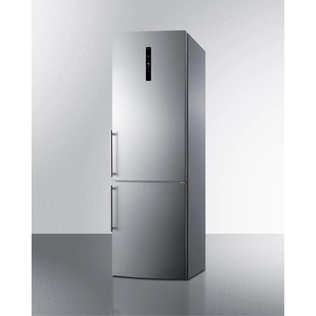 European counter depth bottom freezer refrigerator with stainless steel doors, platinum cabinet, factory installed icemaker, and digital controls for each section