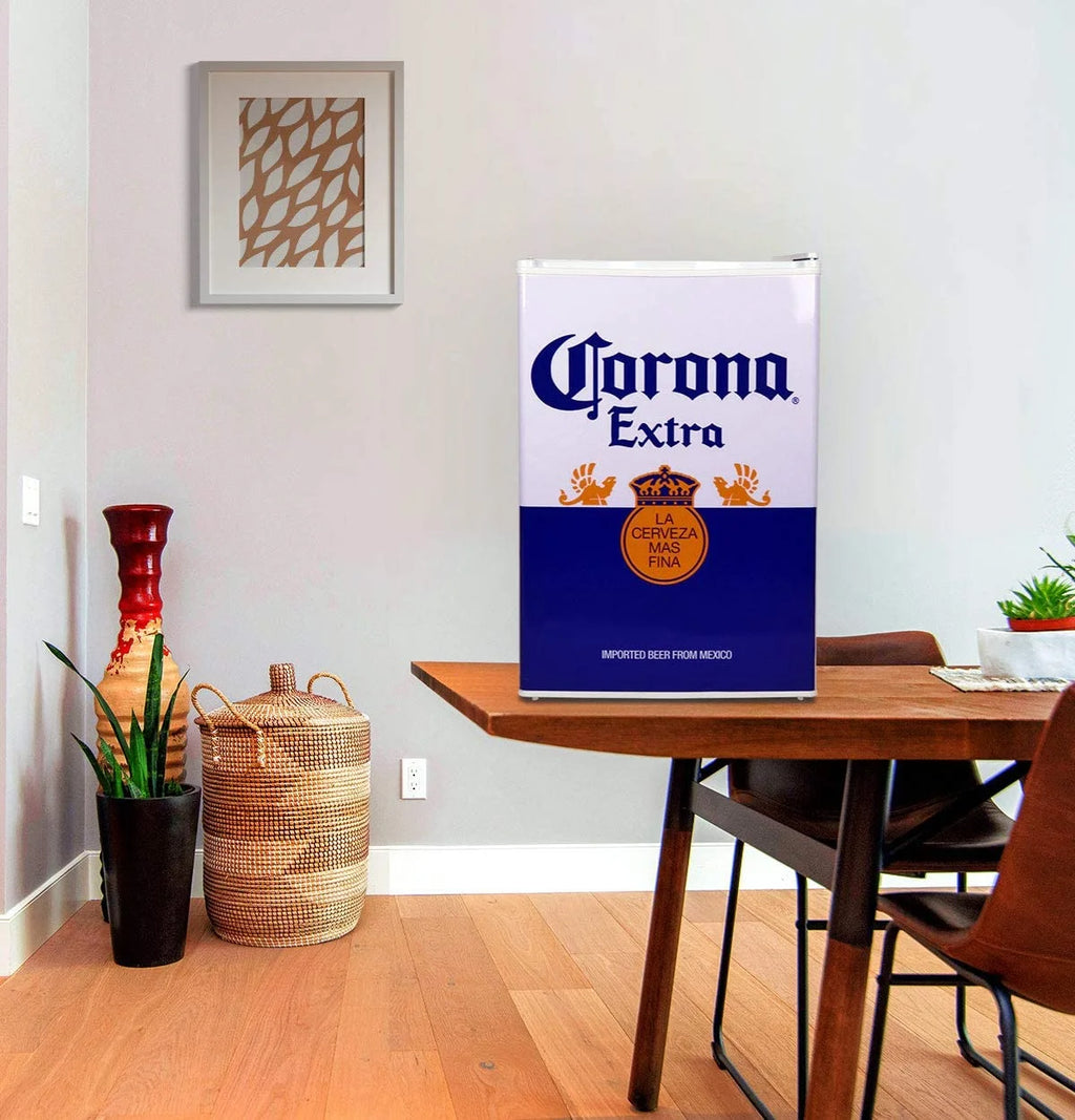 Corona Mini Beer Fridge with Freezer, 2.4 Cu. Ft, 70L Capacity White & Blue Compact Beverage Cooler